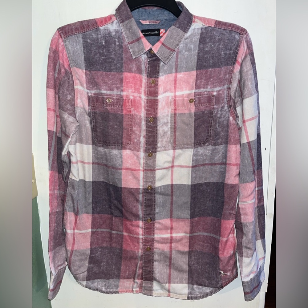 Modern Amusement Pink Gray Plaid Shirt Size M Faded Look